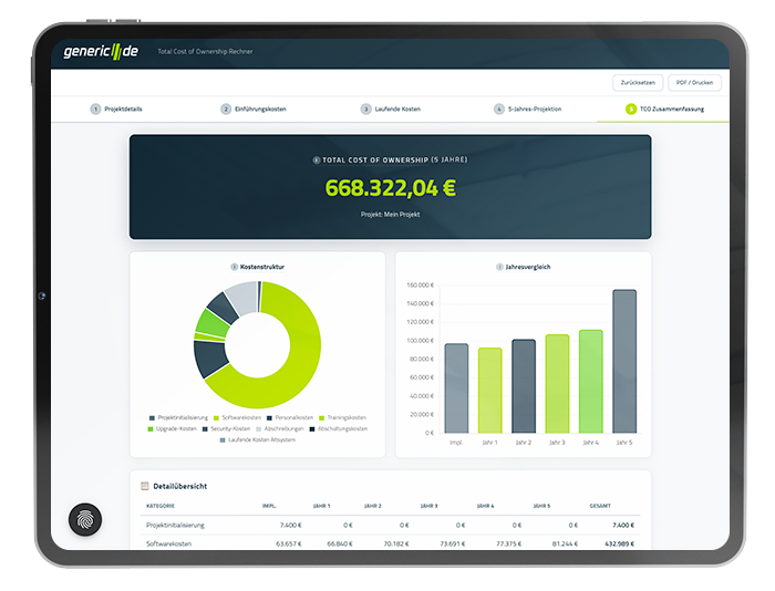 Abbildung unseres TCO-Calculators zur Software-Kosten-Analyse auf einem Tablet