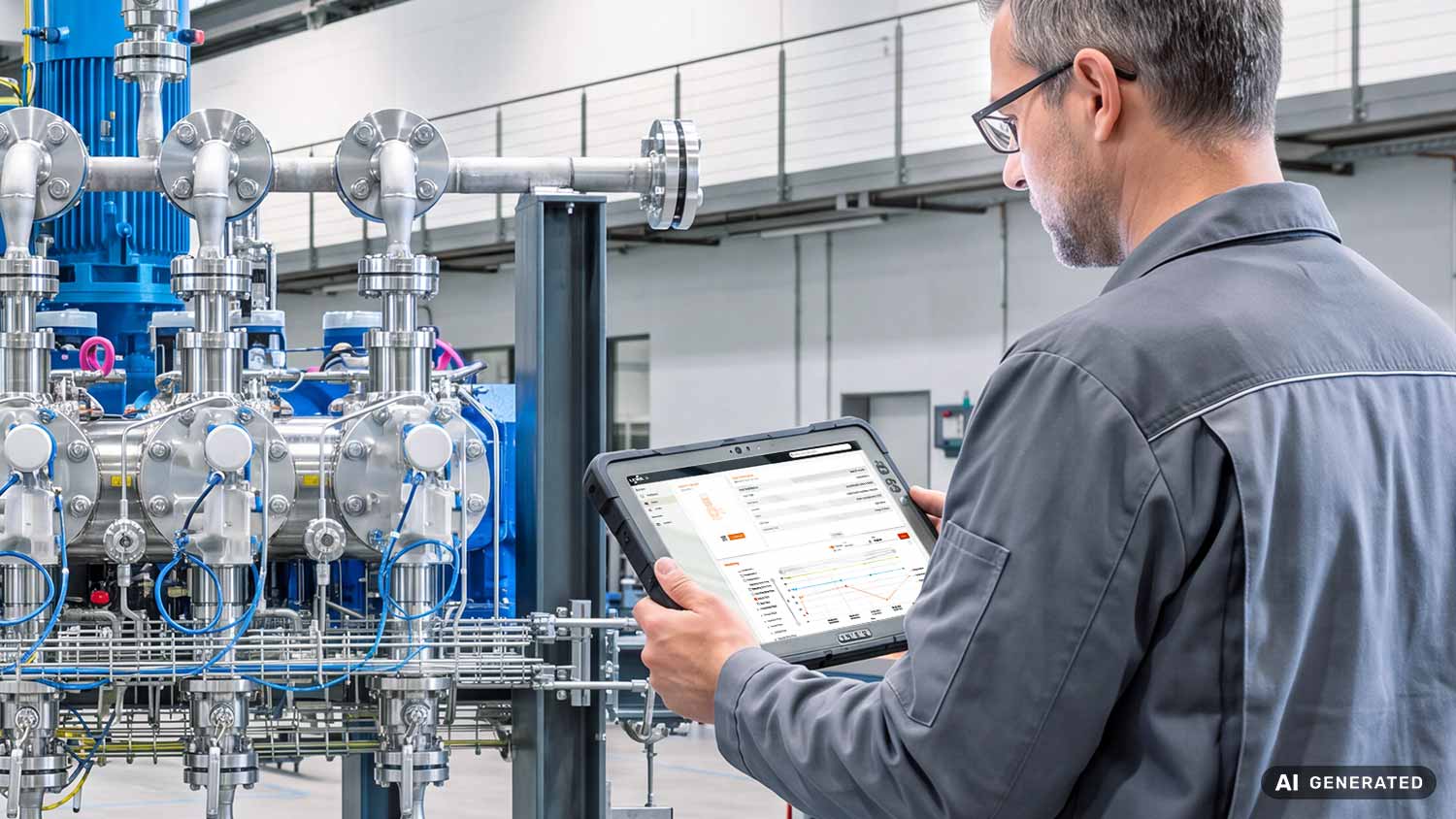 Ein Techniker überwacht Maschinendaten auf einem Tablet vor großen blauen Industriemaschinen in einer Werkhalle.