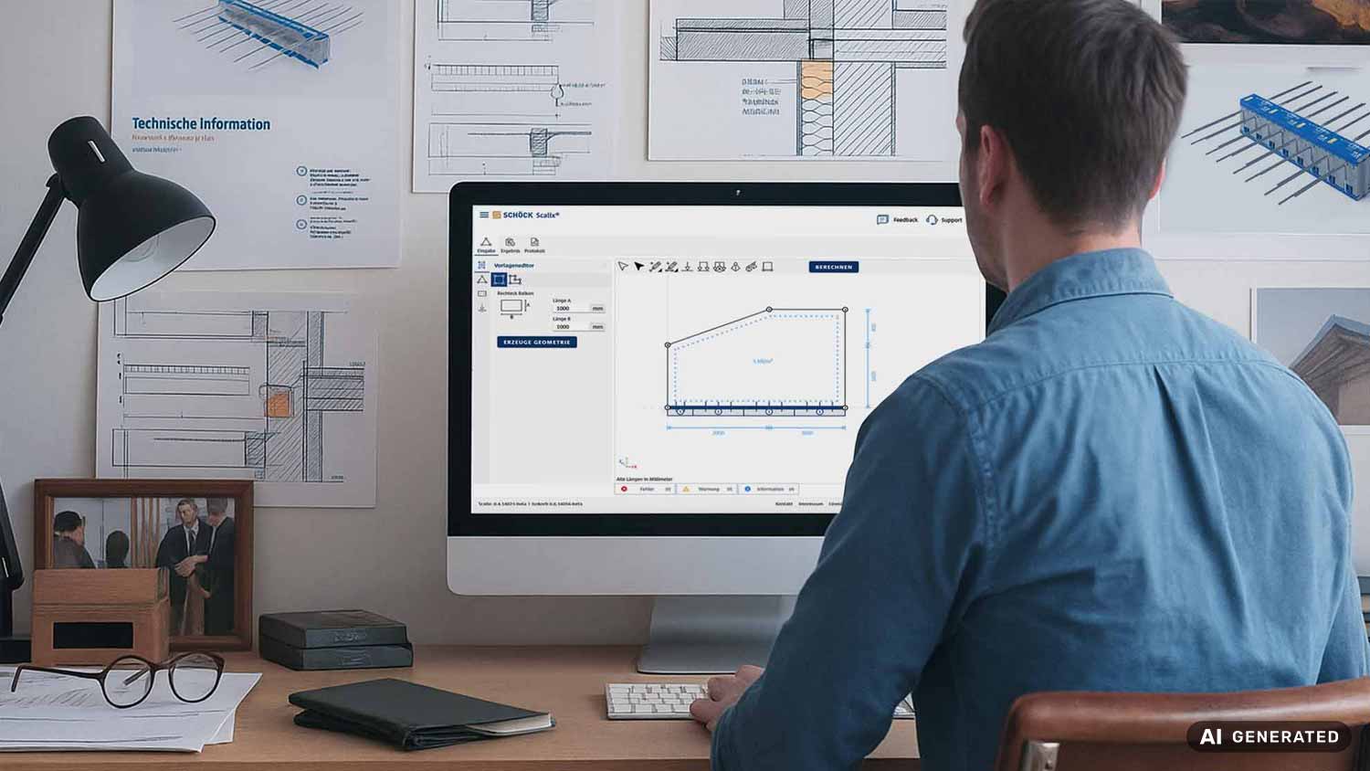 Mann am Schreibtisch, der technische Zeichnungen auf einem Computerbildschirm mit CAD-Software betrachtet.