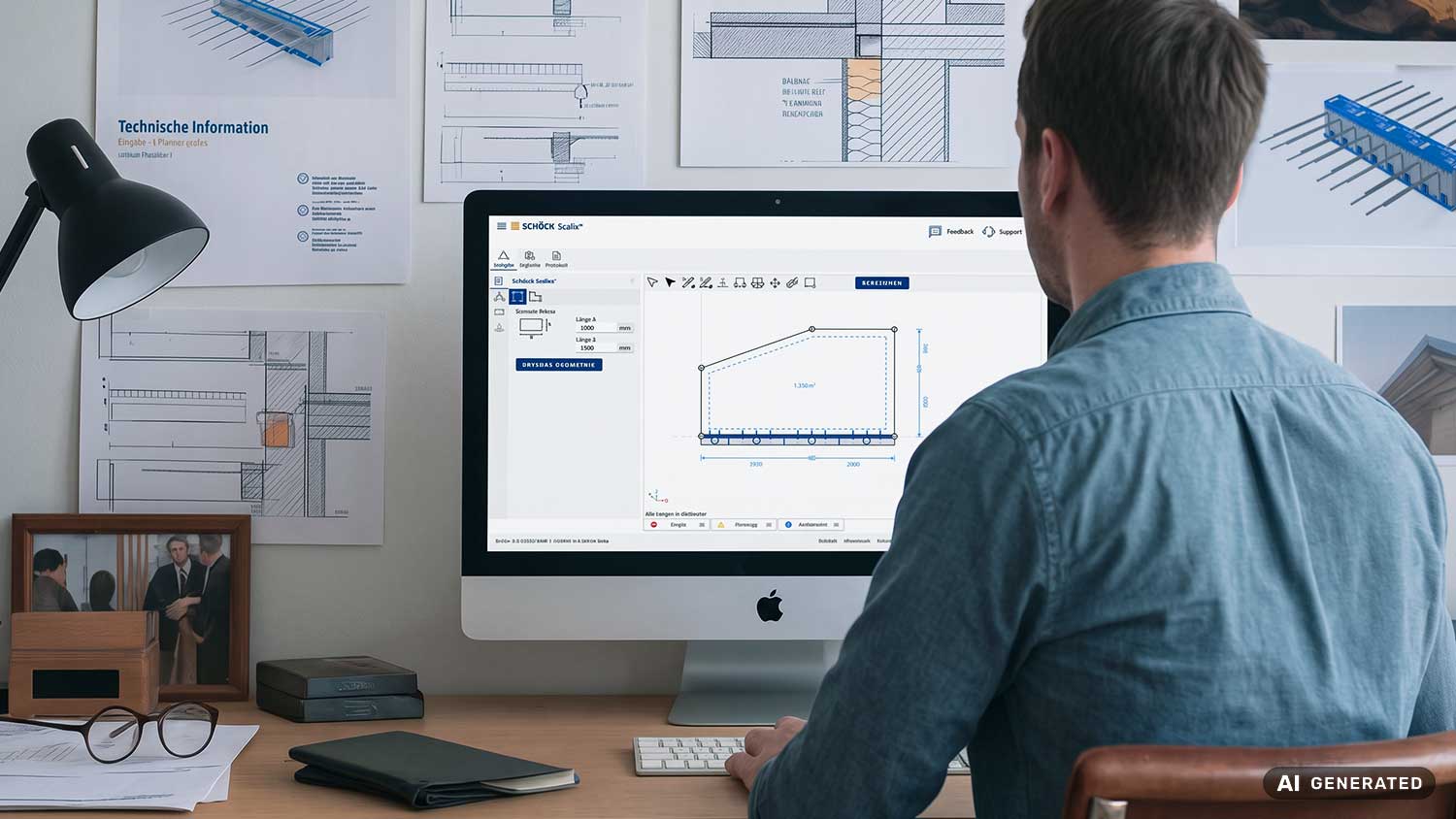 Mann am Schreibtisch, der technische Zeichnungen auf einem Computerbildschirm mit CAD-Software betrachtet.