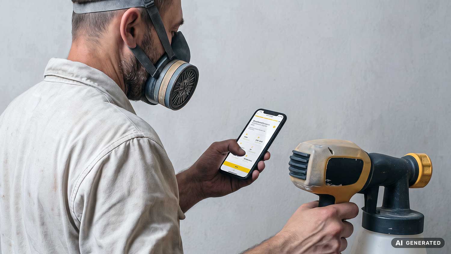 Mann mit Atemschutzmaske hält ein Spraygerät in der einen Hand und ein Smartphone in der anderen.