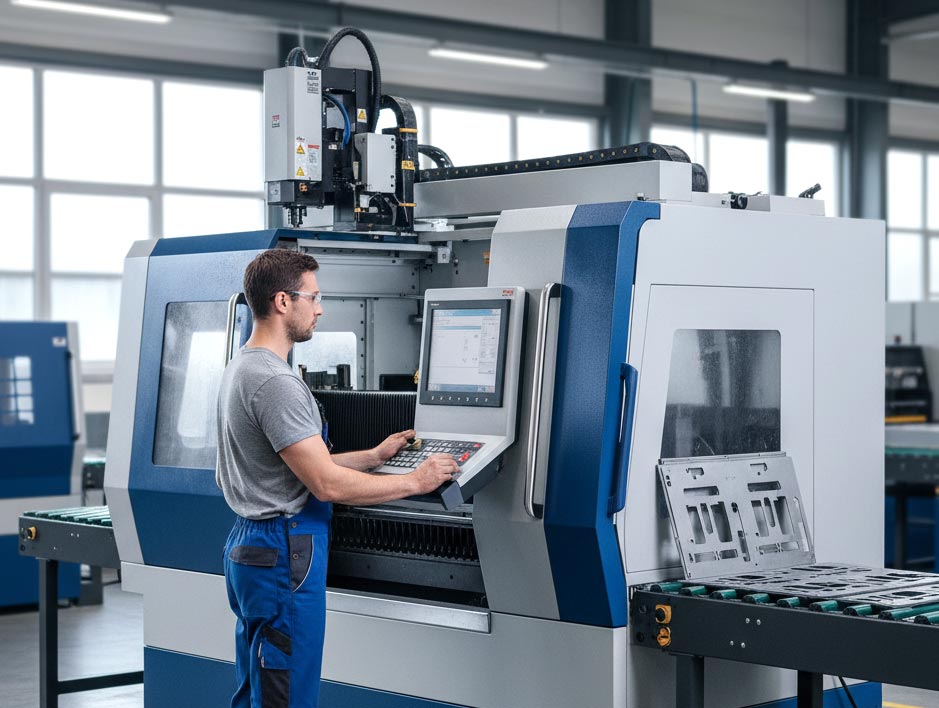 Ein Mann mit Tablet bedient eine Maschine in einer modernen Fabrikhalle.