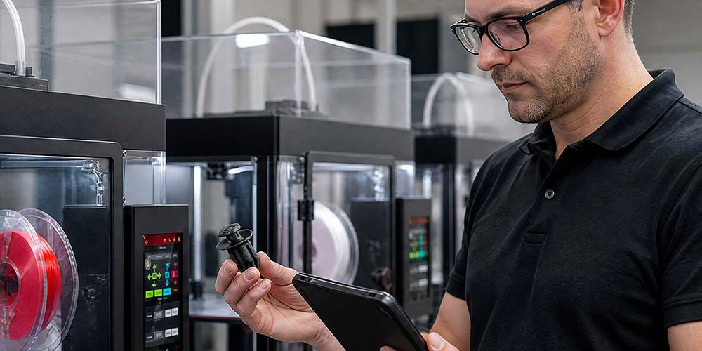 Ein Mann mit Tablet bedient eine Maschine in einer modernen Fabrikhalle.