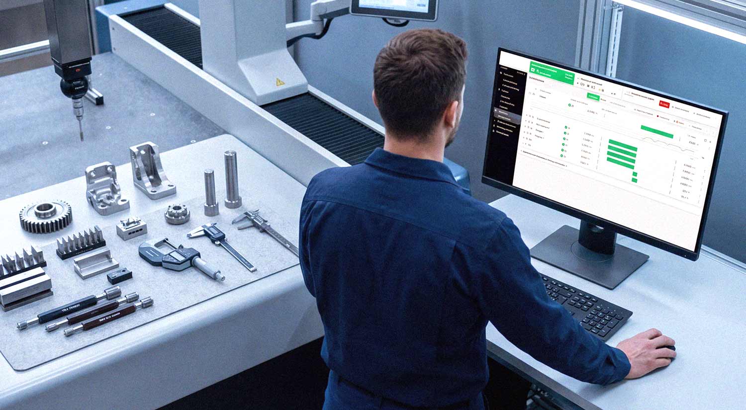 Person hält ein Tablet, das eine industrielle Überwachungssoftware mit Diagrammen und Asset-Informationen anzeigt.