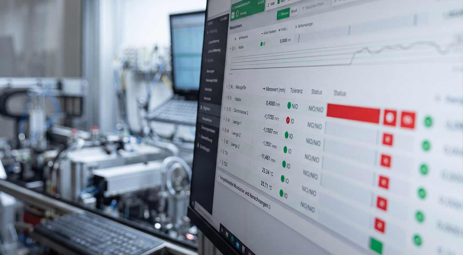 Mann mit Brille betrachtet große Bildschirme mit Diagrammen und Datenvisualisierungen.