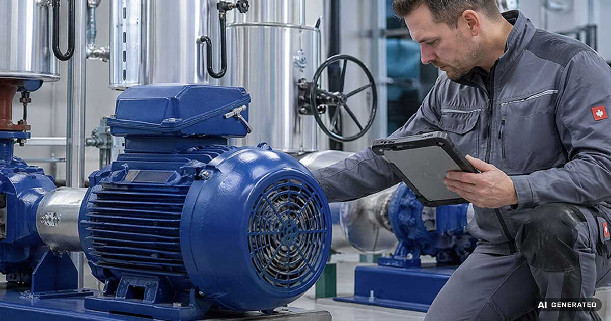 Ein Mann mit Tablet bedient eine Maschine in einer modernen Fabrikhalle.