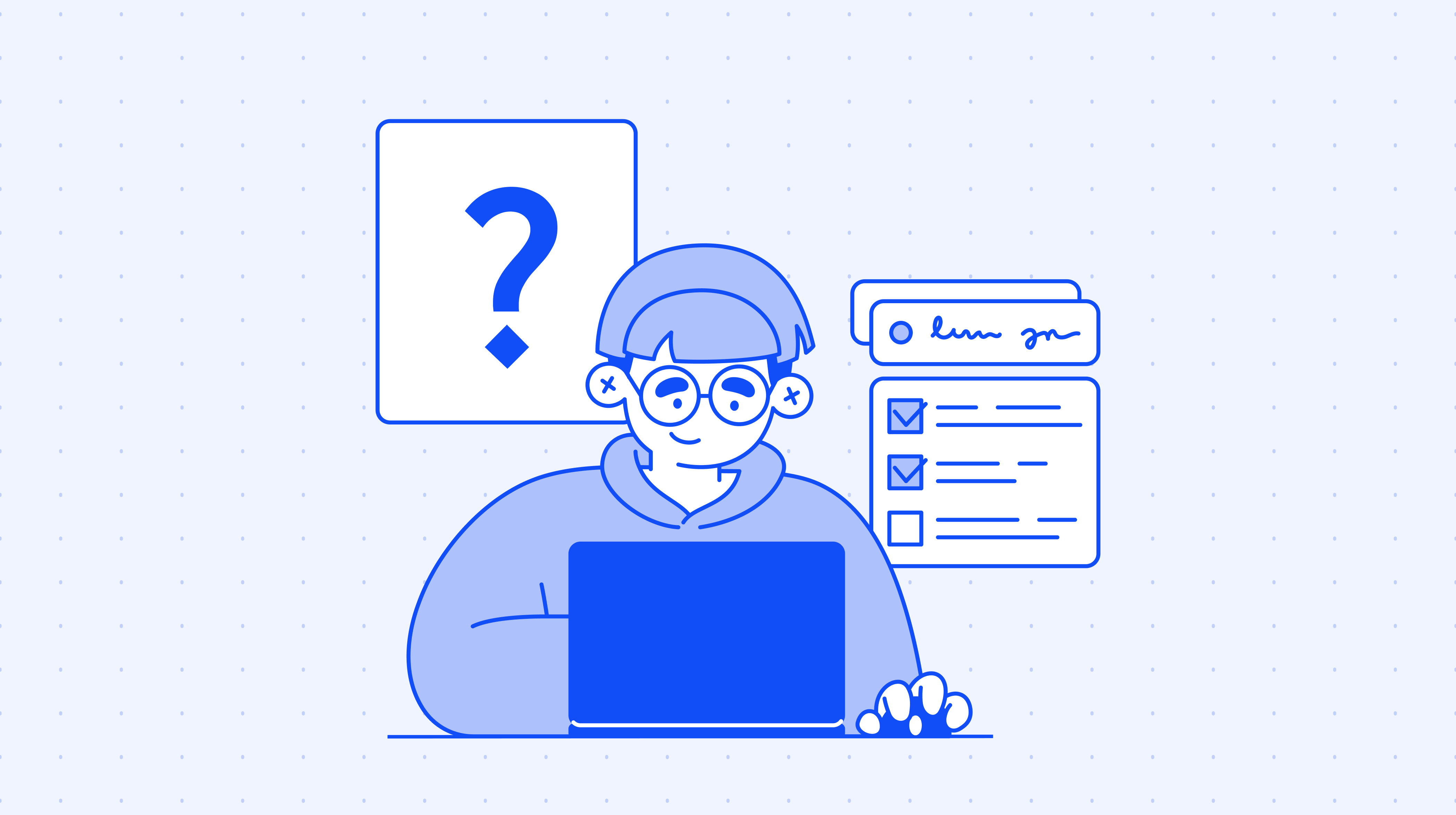 Illustration of a person working on a laptop, with a question mark and task checklist, symbolizing decision-making or problem-solving.
