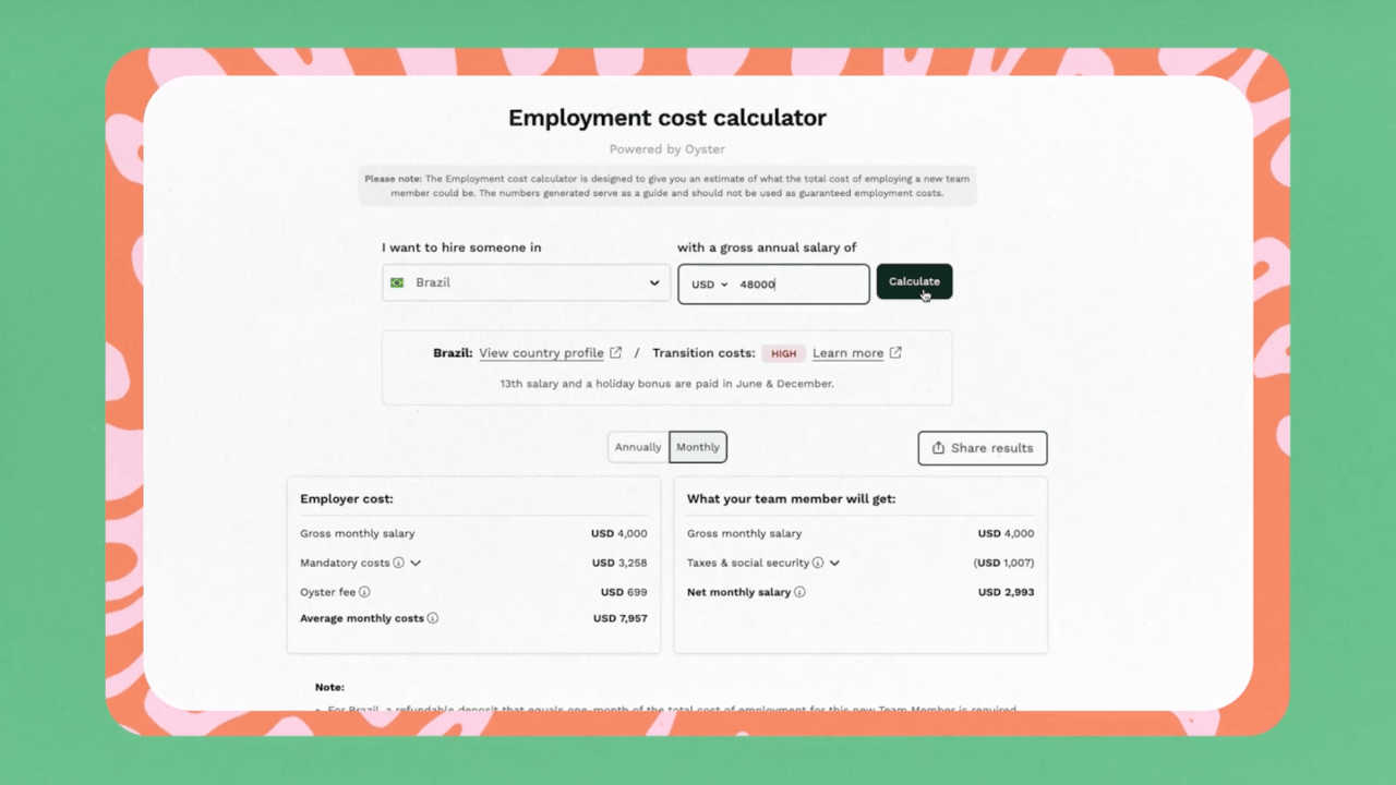 Employer of Record services Oyster cost calculator