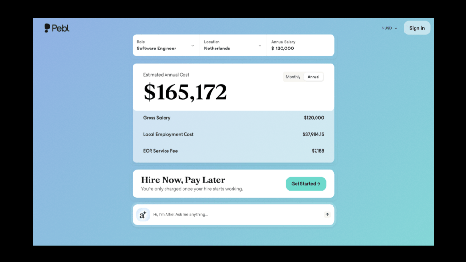 Employer of Record services Pebl cost estimate
