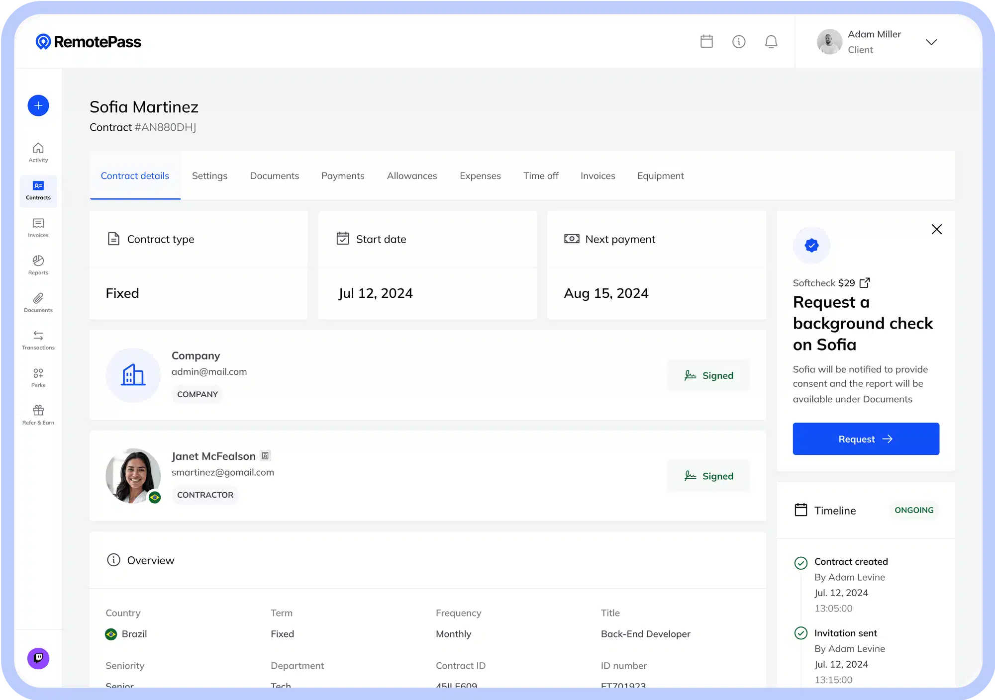 Hiring international employees Remoteass contractor dashboard