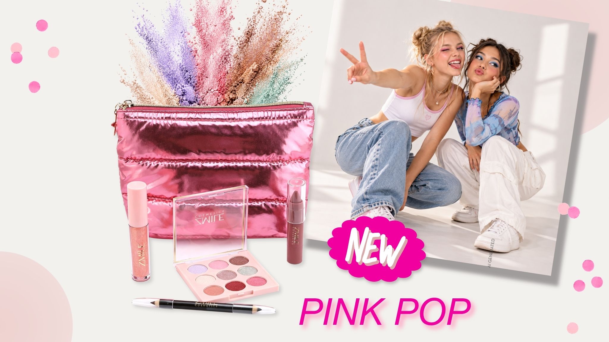 Kosmetikset mit glänzender pinker Tasche, einem Lidschatten-Set in Rosatönen, einem Lipgloss, einem Lippenstift und einem Eyeliner, daneben ein Bild von zwei jungen Frauen mit buntem Make-up, eine zeigt das Peace-Zeichen, der Schriftzug "NEU PINK POP" in leuchtendem Pink.
