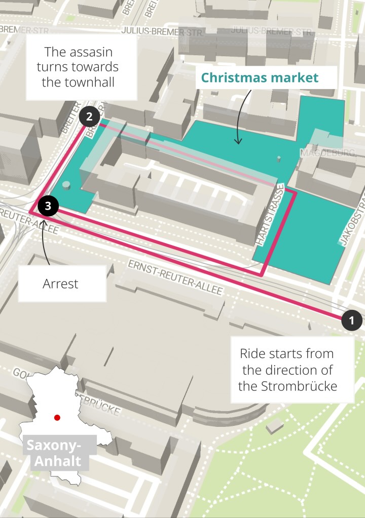 Parcours de la voiture bélier lors de l’attaque du marché de Noel à Magdebourg