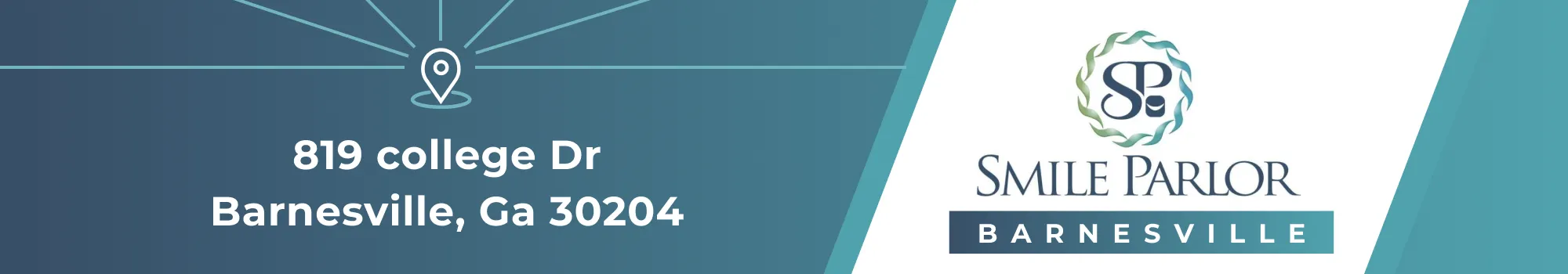 Smile Parlor Barnesville logo with address 819 College Dr, Barnesville, GA 30204 displayed on teal and white background.