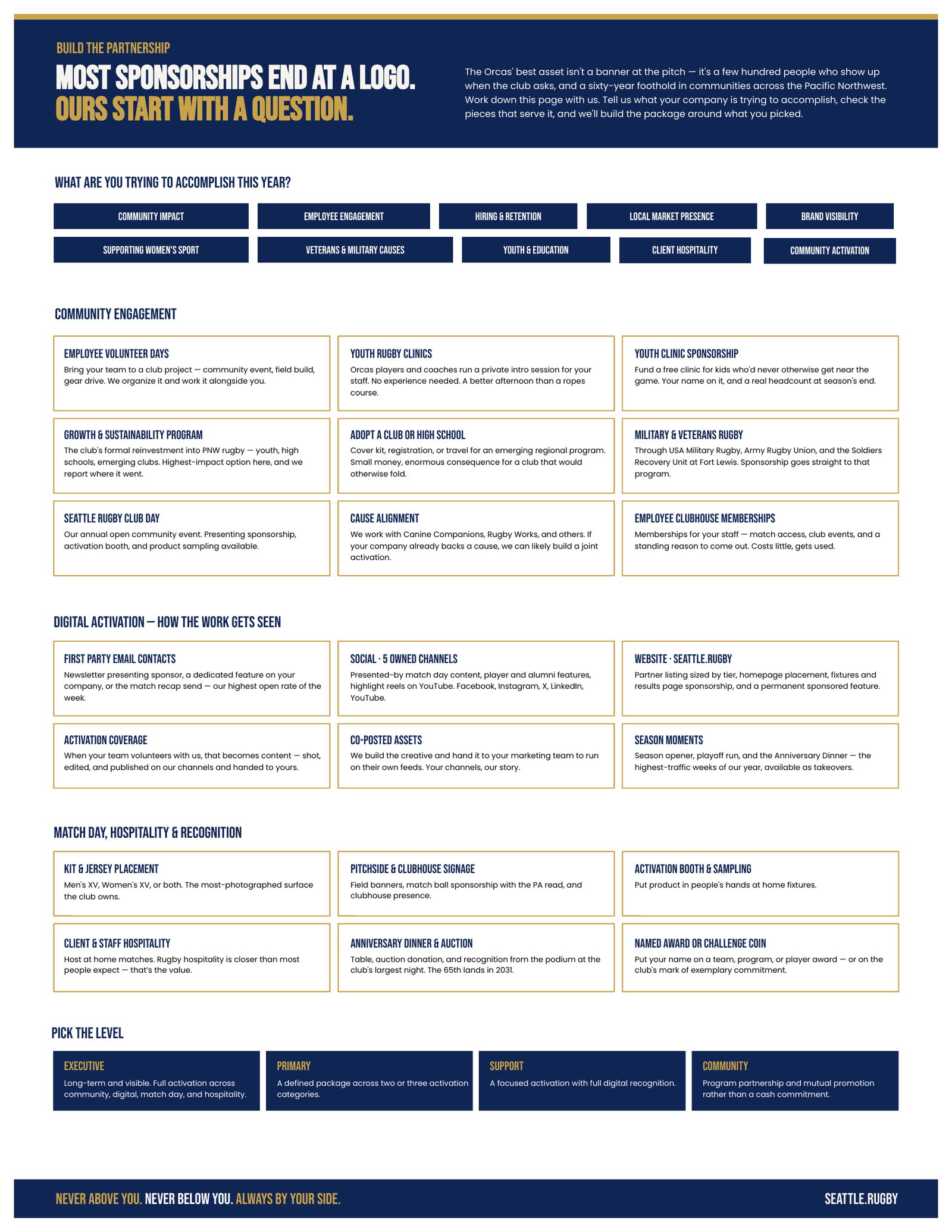 Back page of the Seattle Rugby Club partnership sheet: the partnership activation menu across community engagement, digital activation, and match day and hospitality, with four partner levels from Executive to Community