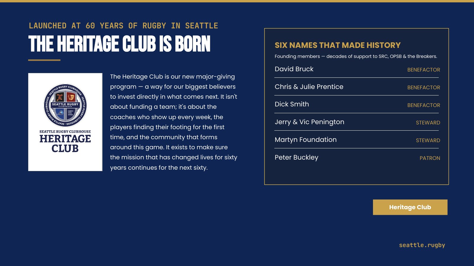 The Heritage Club page of the report: launched at 60 Years of Rugby in Seattle, listing its six founding members