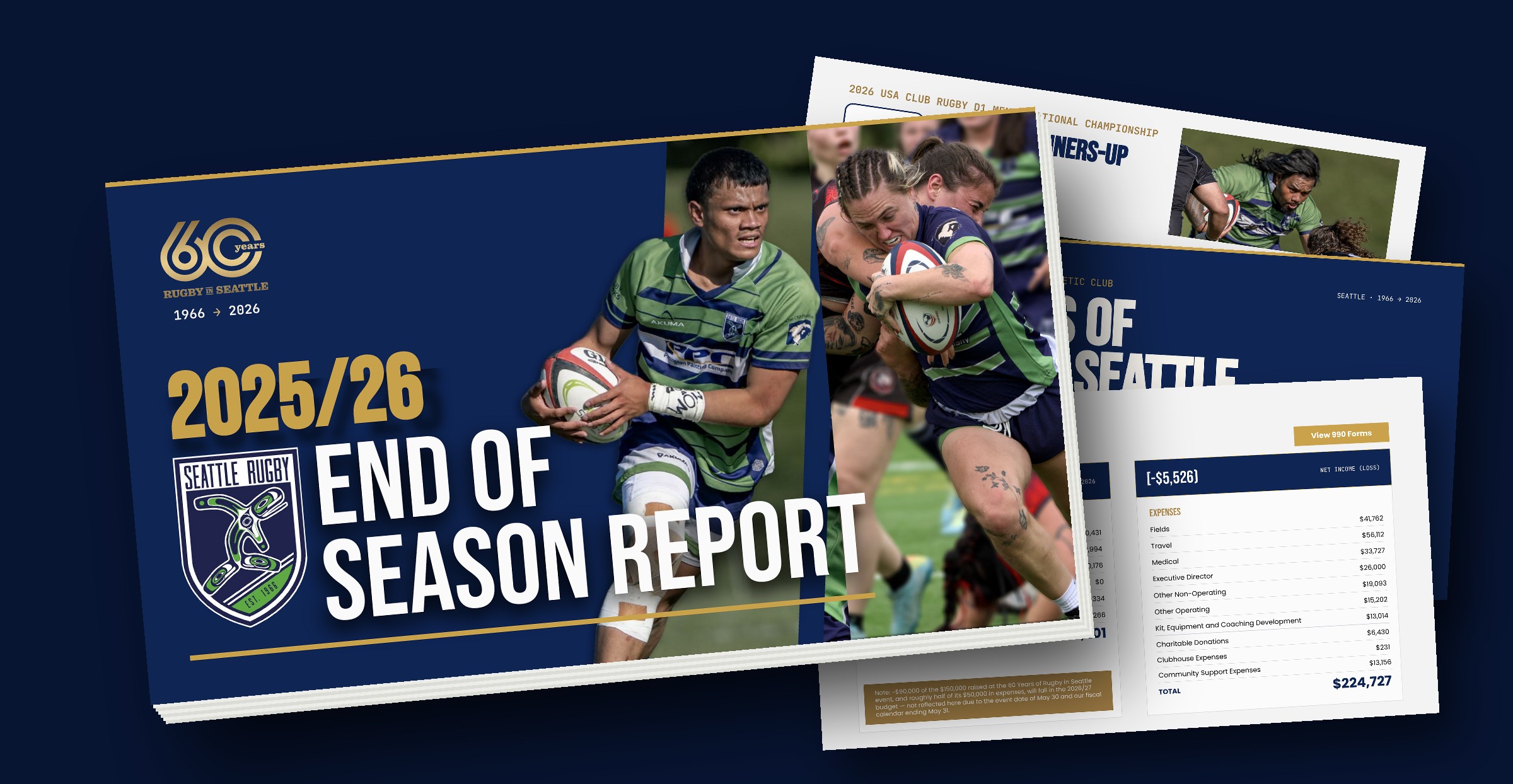 The Seattle Rugby Club 2025/26 End of Season Report, its cover fanned in front of inside pages on the season's finances, 60 Years of Rugby in Seattle, and National Runners-Up