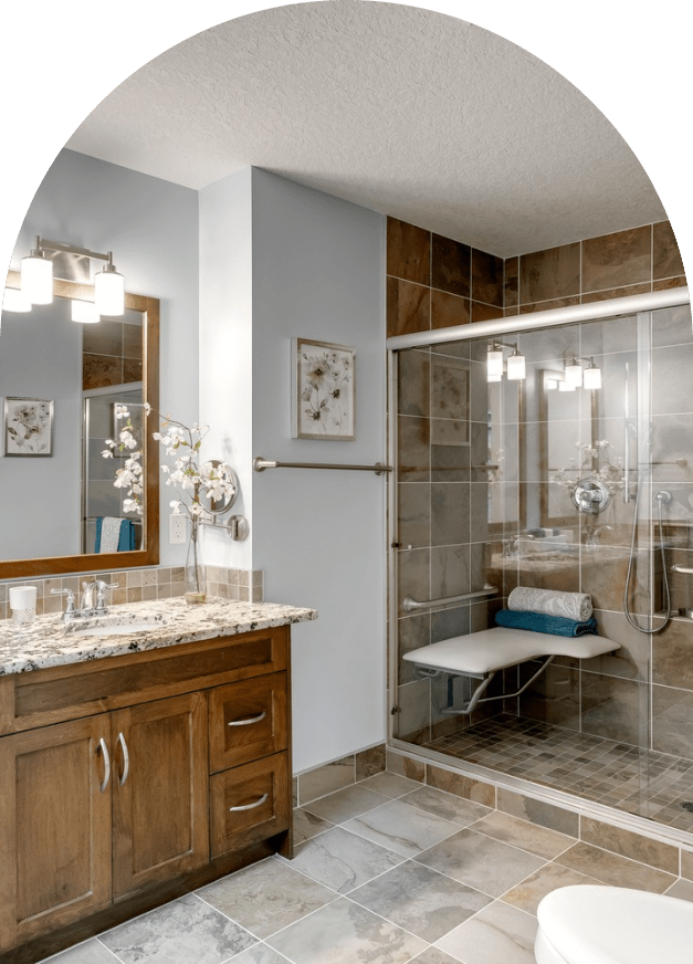 Accessible bathroom with custom seating in the shower