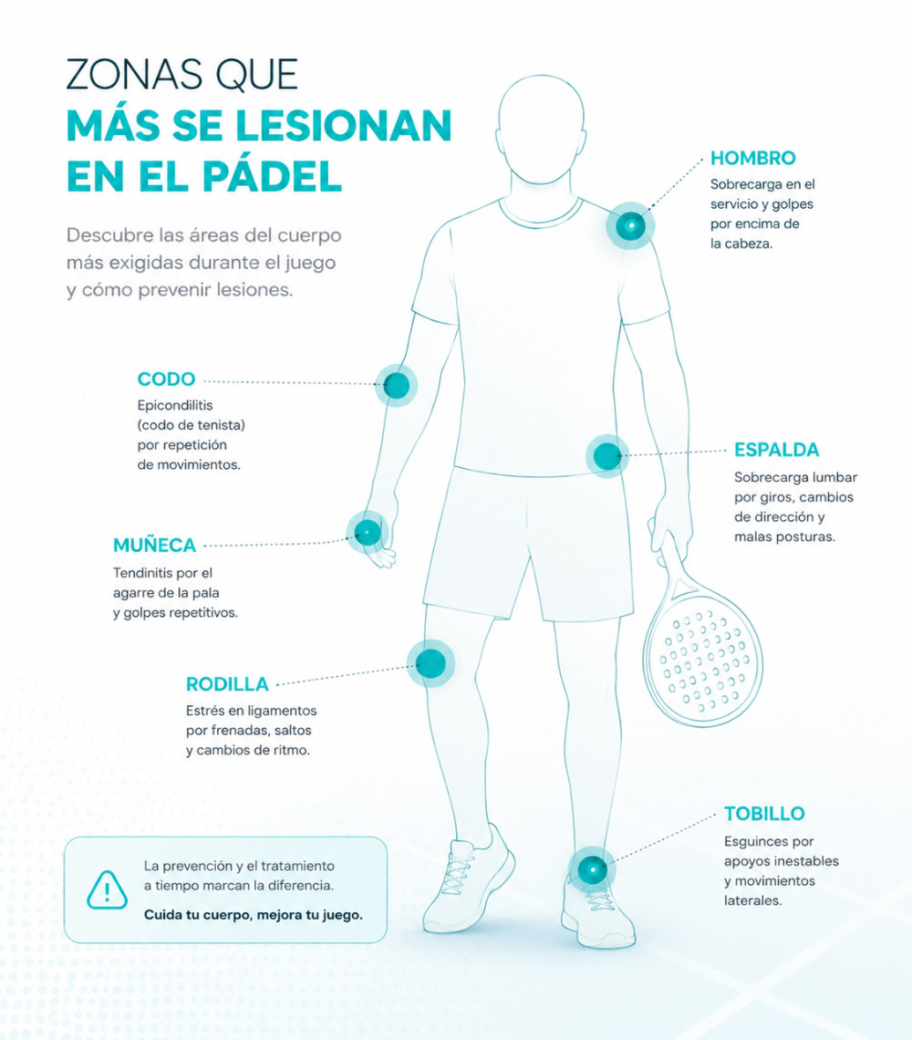 Infografia: zonas que mas se lesionan en el padel — hombro, codo, muneca, espalda, rodilla y tobillo