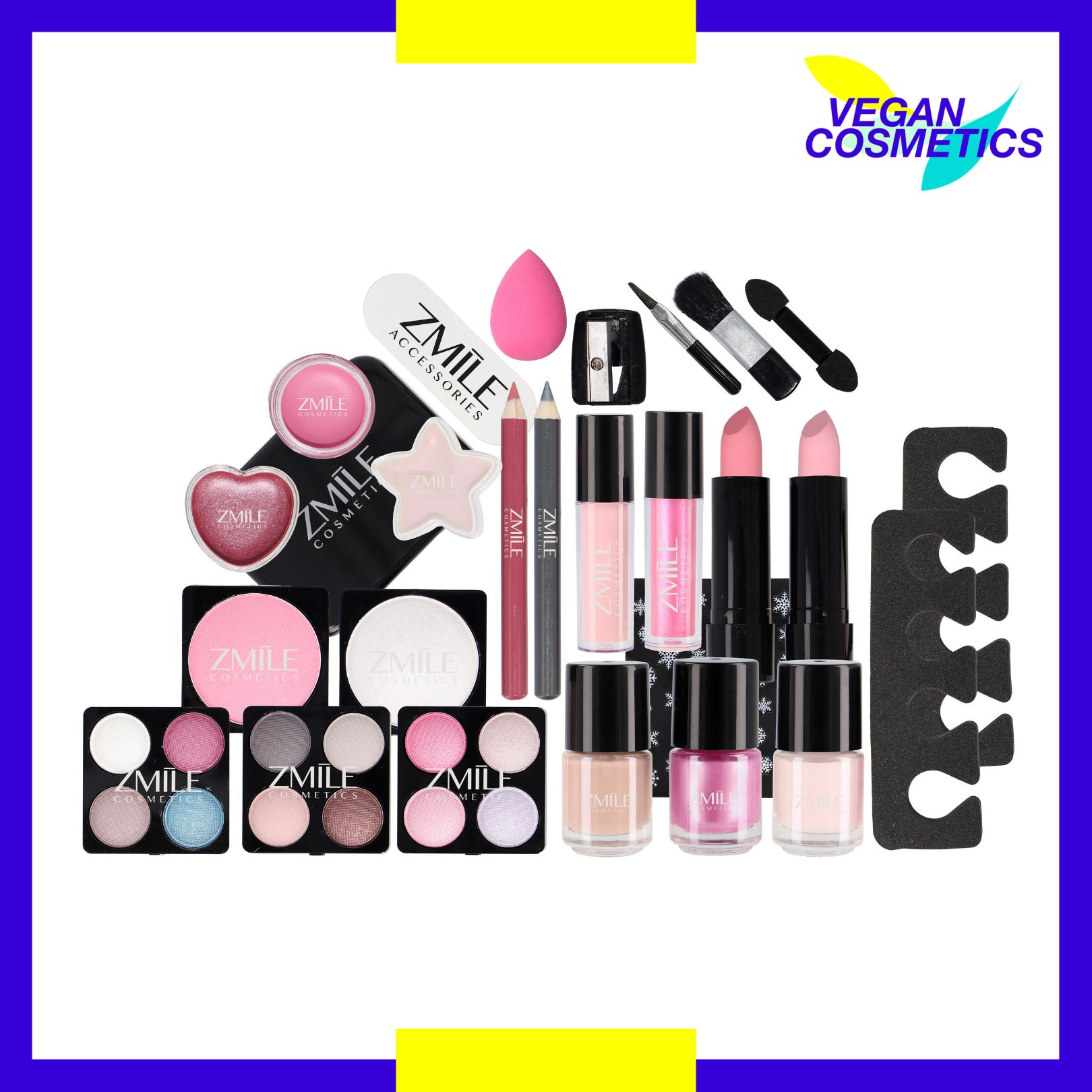 Beauty Adventskalender mit 24 dekorativen Kosmetik-Produkten für Make-Up von ZMILE Cosmetics, quadratisch angeordnet.