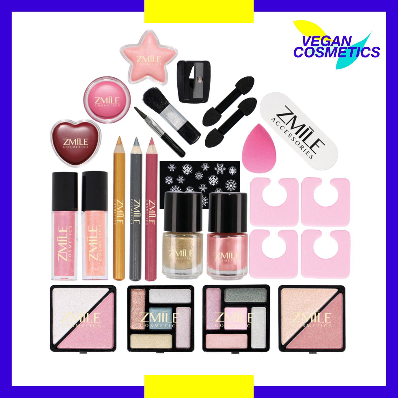 Beauty Adventskalender mit 24 dekorativen Kosmetik-Produkten für Make-Up von ZMILE Cosmetics, quadratisch angeordnet.