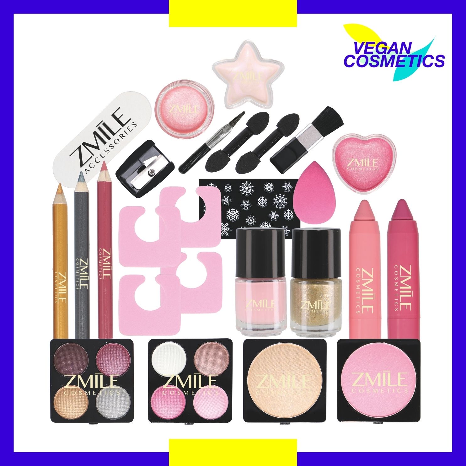 Beauty Adventskalender mit 24 dekorativen Kosmetik-Produkten für Make-Up von ZMILE Cosmetics, quadratisch angeordnet.