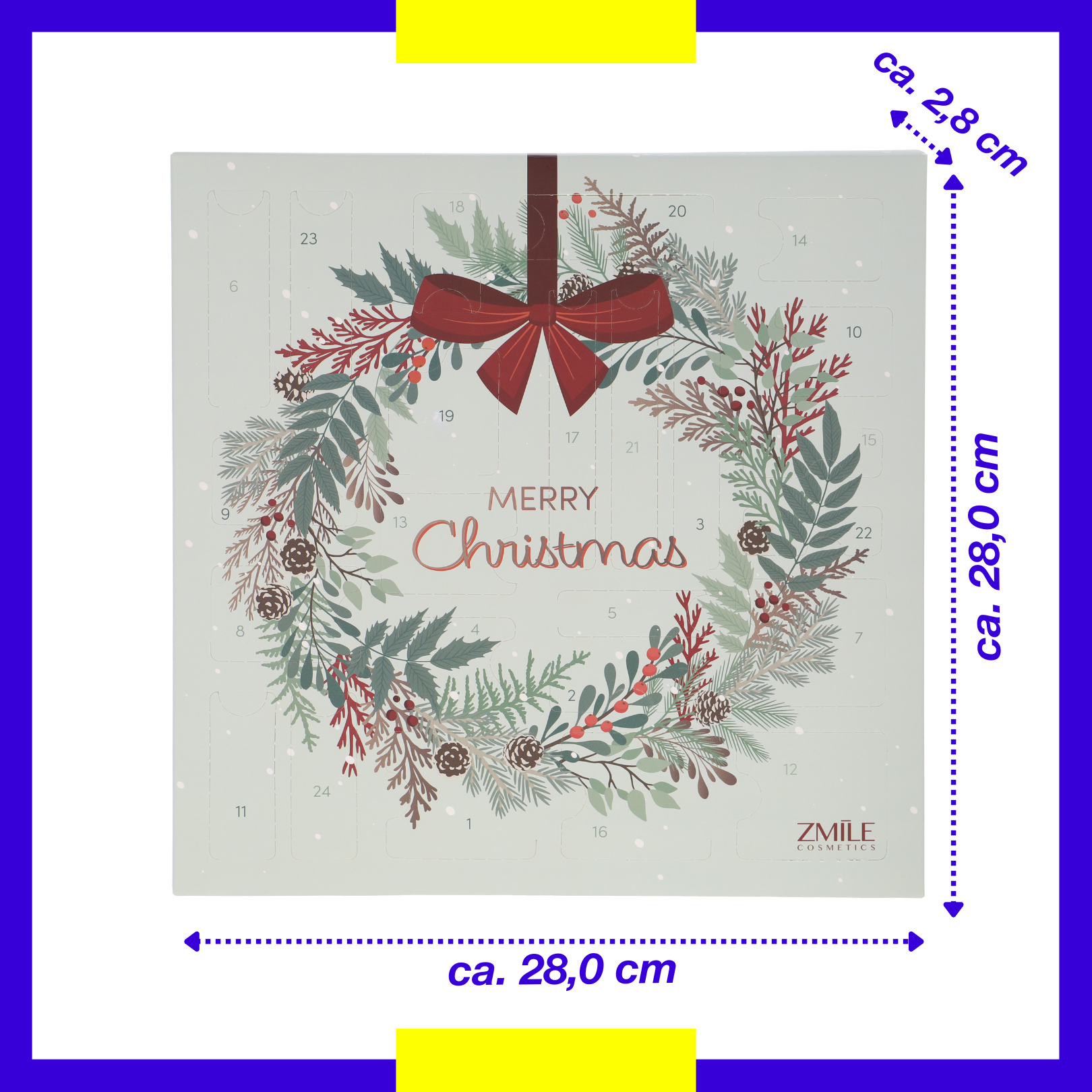 Quadratischer Adventskalender in zarten Grün-Tönen mit Weihnachtskranz-Motiv. Maßangaben 28x28x2,8 cm.