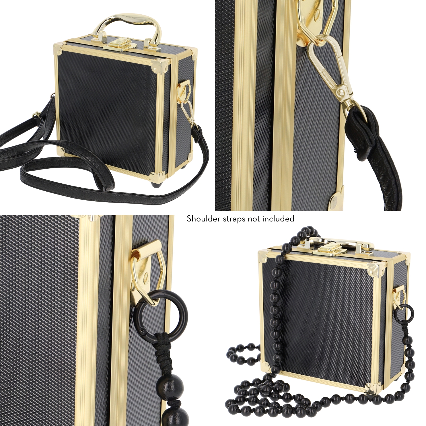 Kleiner schwarz goldener Koffer mit zwei  Varianten an Schultergurten. Plus Detailaufnahmen im Zoom zur Anbringung an seitlichen Ösen.