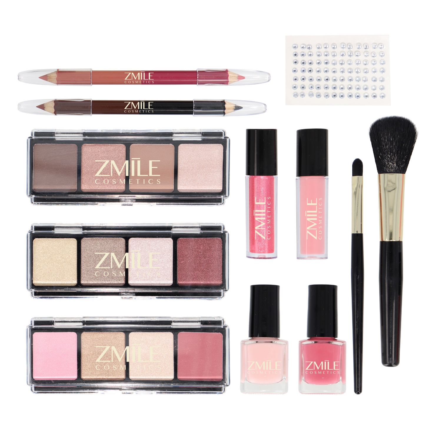 Inhalt des Schminkkoffers Glam-Up in dekorativer Ausrichtung auf weissem Hintergrund.