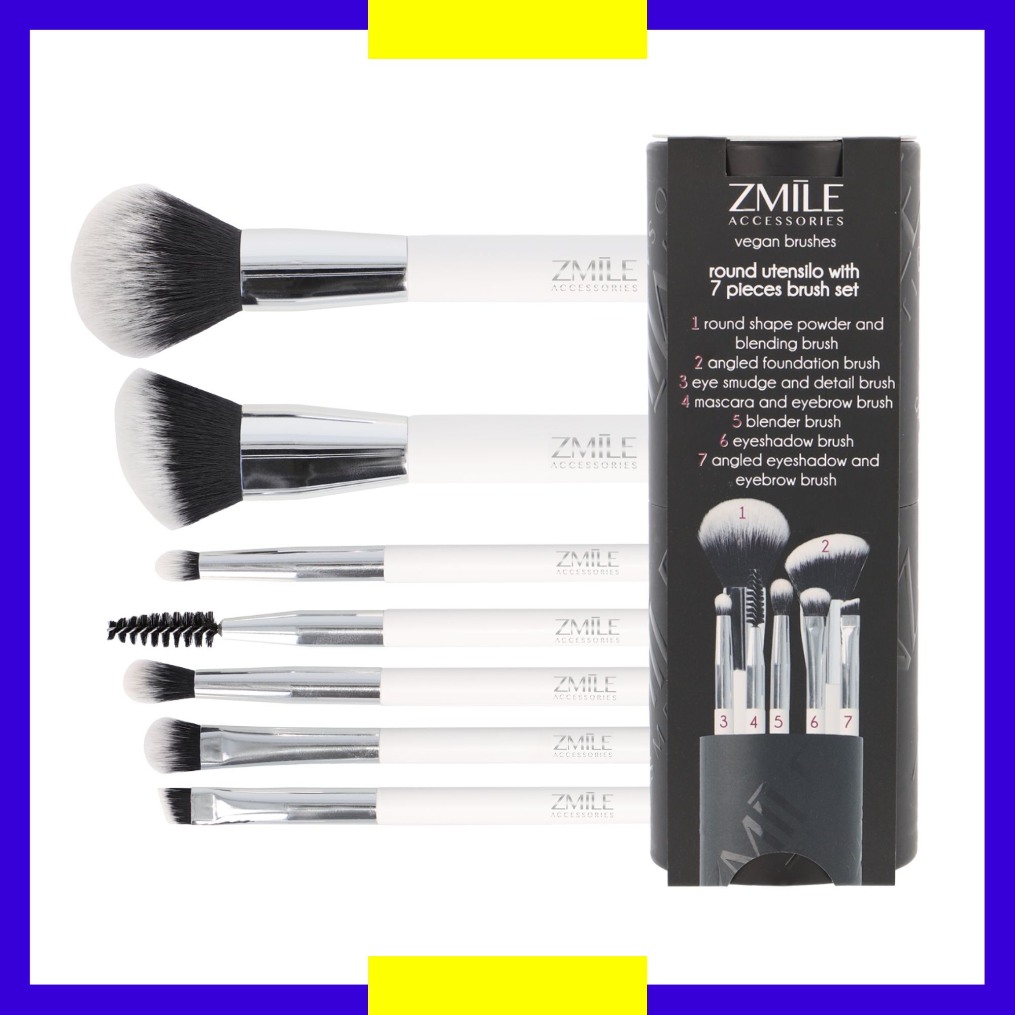 Sieben Kosmetikpinsel untereinander auf weissem Hintergrund - daneben eine runde schwarze Pinselbox mit Rückseite der Banderole, auf der die einzelnen Bezeichnungen zu sehen sind.