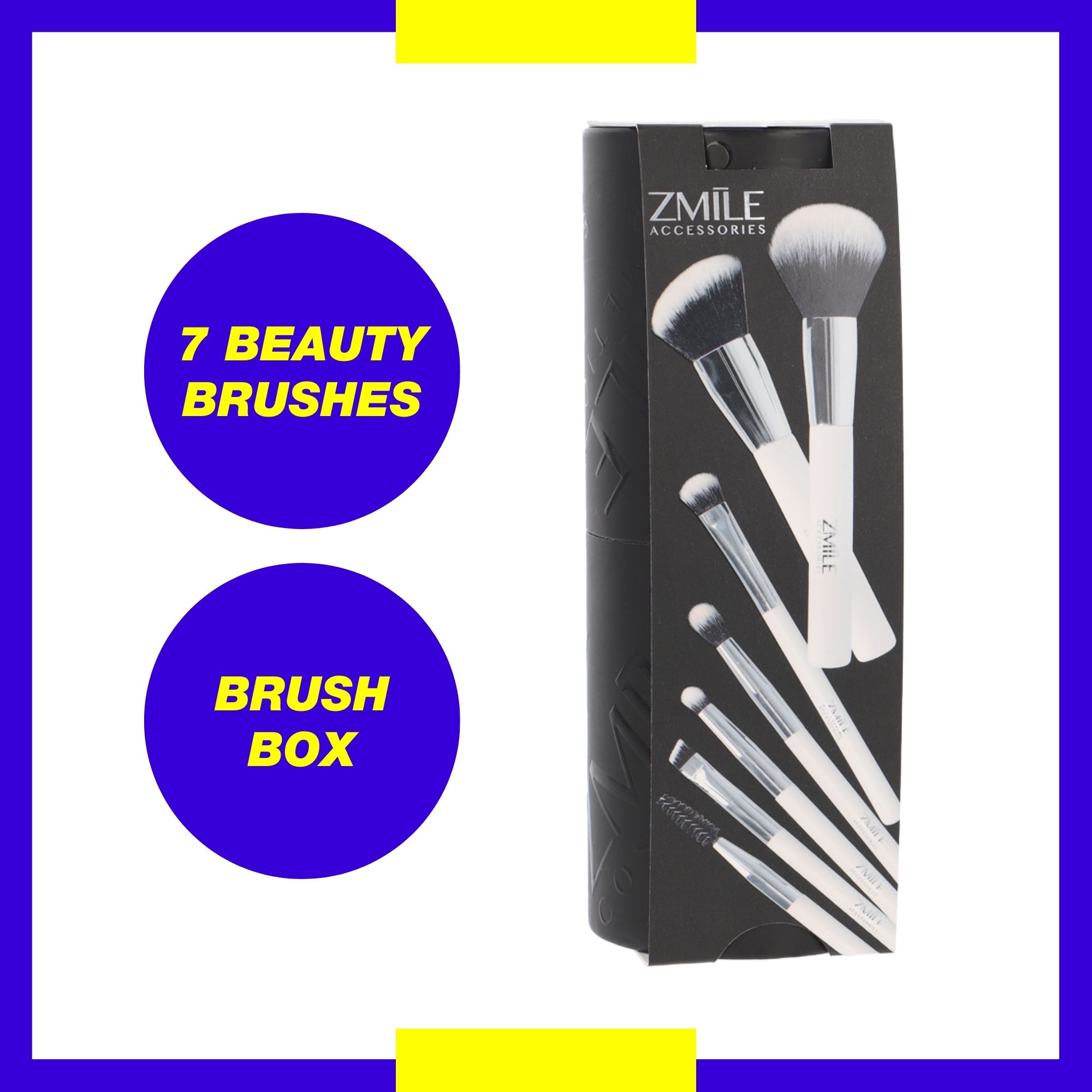 ZMILE Cosemetics 7teiliges schwarzes Kosmetik Pinselset geschlossen mit Banderole in Komplett Ansicht auf weissem Hintergrund