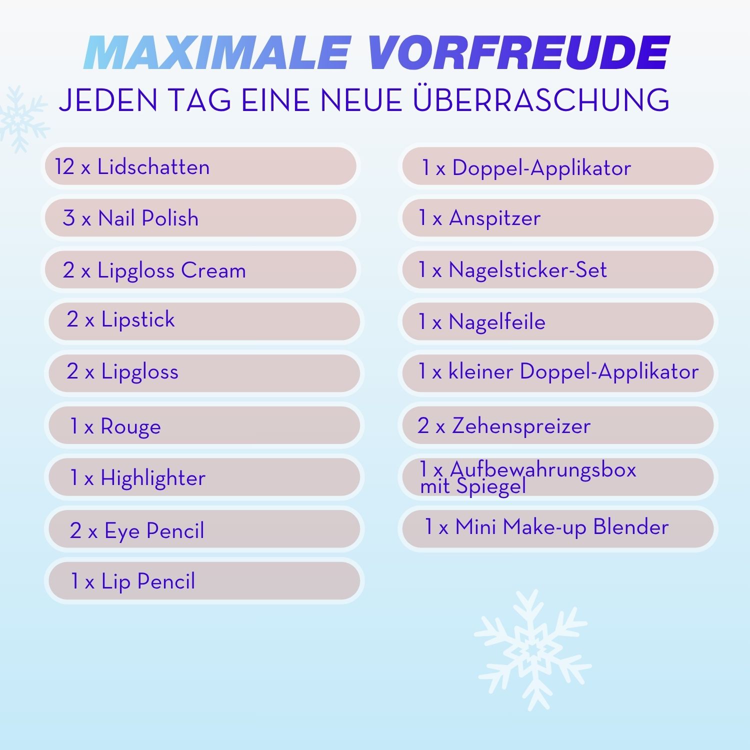 Blau weisser Verlauf im Hintergrund, Text Maximale Vorfreude, Jeden Tag eine neue Überraschung. Auflistung Inhalt Beauty Adventskalender