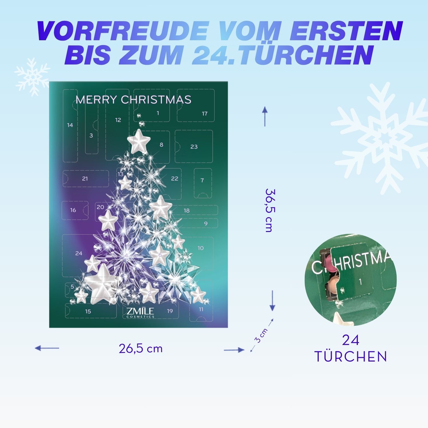Hintergrund blau weisser Verlauf, Abbildung rechteckiger Adventskalender, Abmessung 26,5 x 36,5 x 3 cm, Detailaufnahme geöffnetes Türchen
