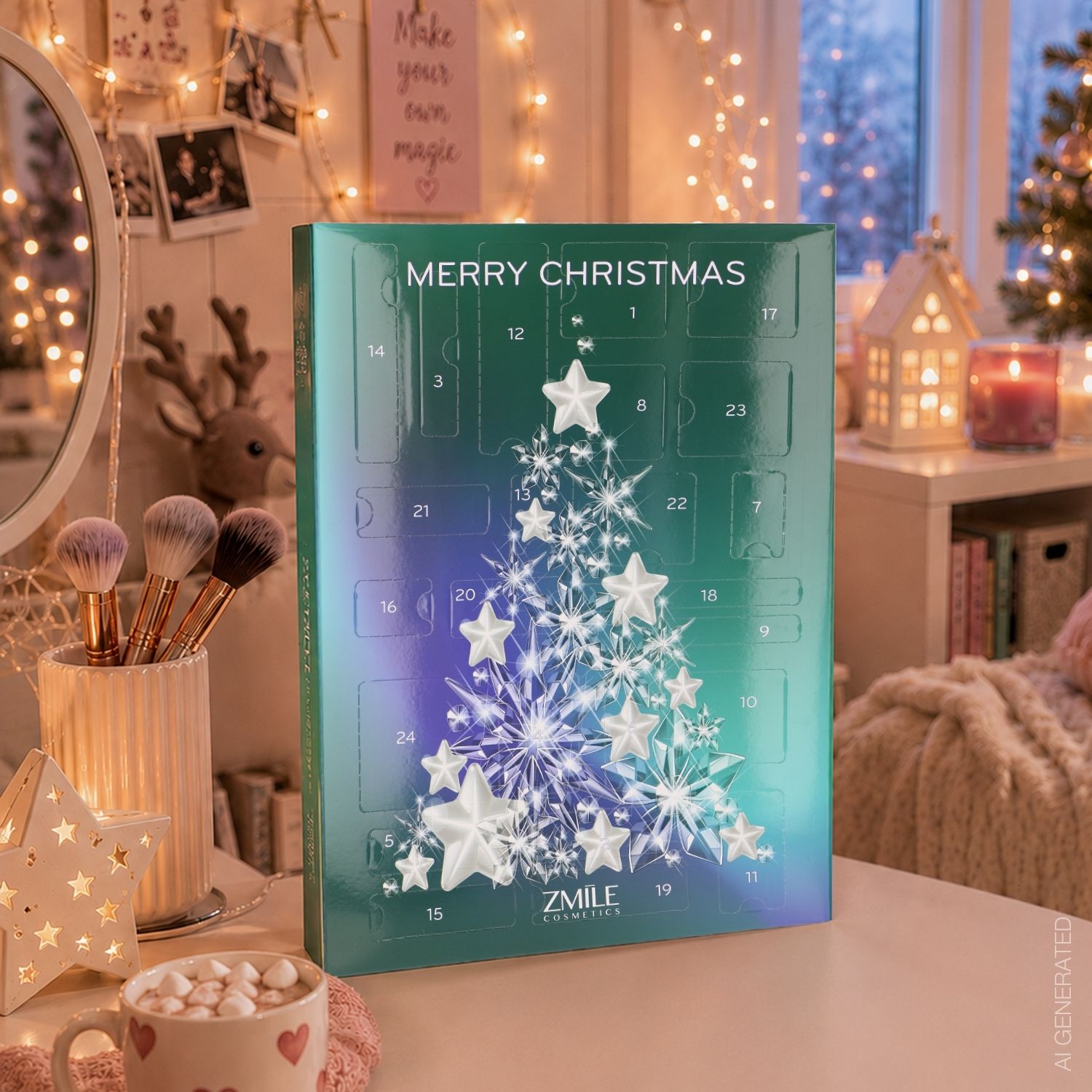Mood-Bild Beauty Adventskalender im Polarlicht-Design auf Schminktisch in weihnachtlicher Atmosphäre, AI generated