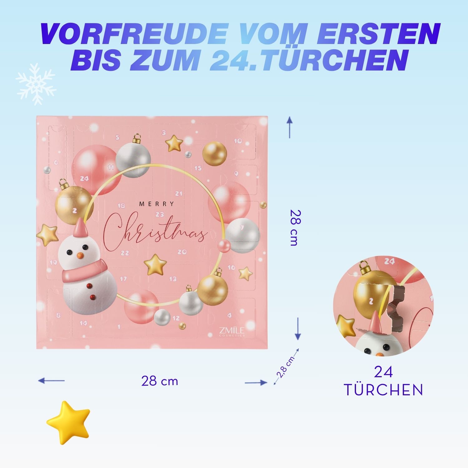 Abbildung Beauty Adventskalender 24 Türchen Snowman von Zmile Cosmetics, Abmessung 28x28x2,8 cm