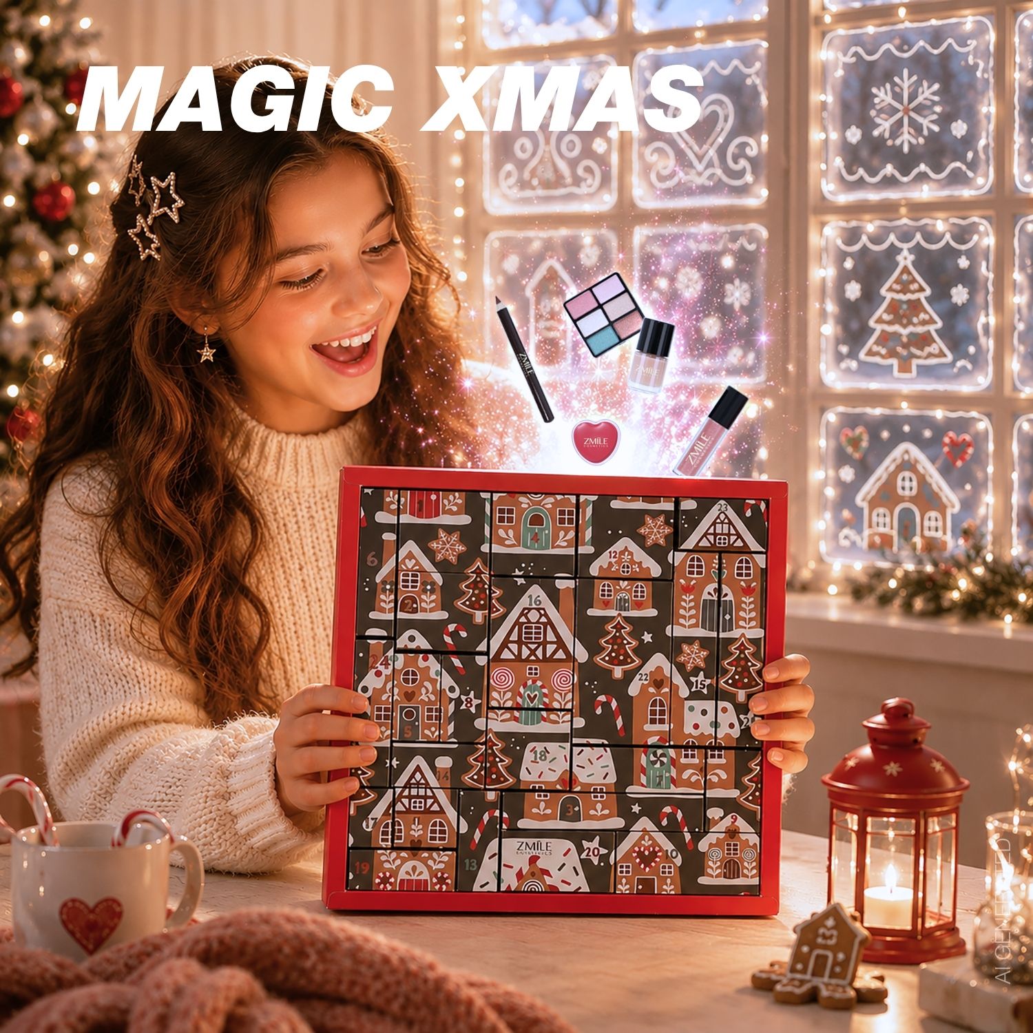 junge weibliche lachende Person Gen Alpha hält quadratischen Adventskalender. Beauty-Produkte schweben über dem Kalender. Weihnachtliche Szene. KI generiert.