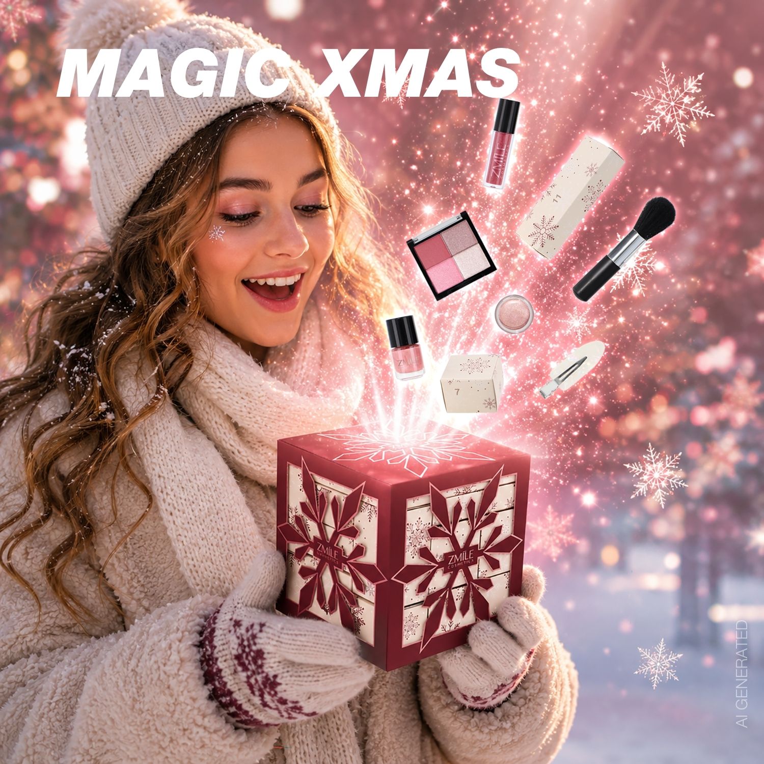 Winterliches Mood Bild, ki generiert, junge lachende Frau hält Adventskalender in Cube-Form, aus dem Schminkprodukte schweben