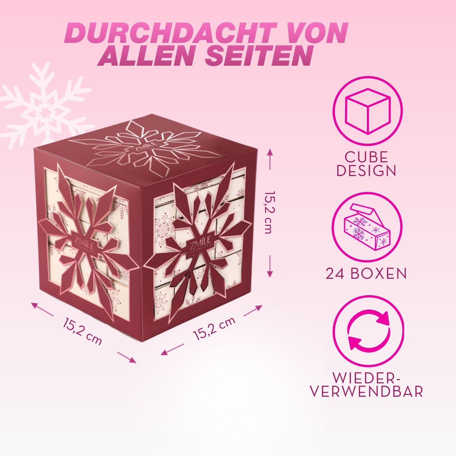 abbildung cube adventskalender mit abmessung  15,2 x 15,2 x 15,2 cm