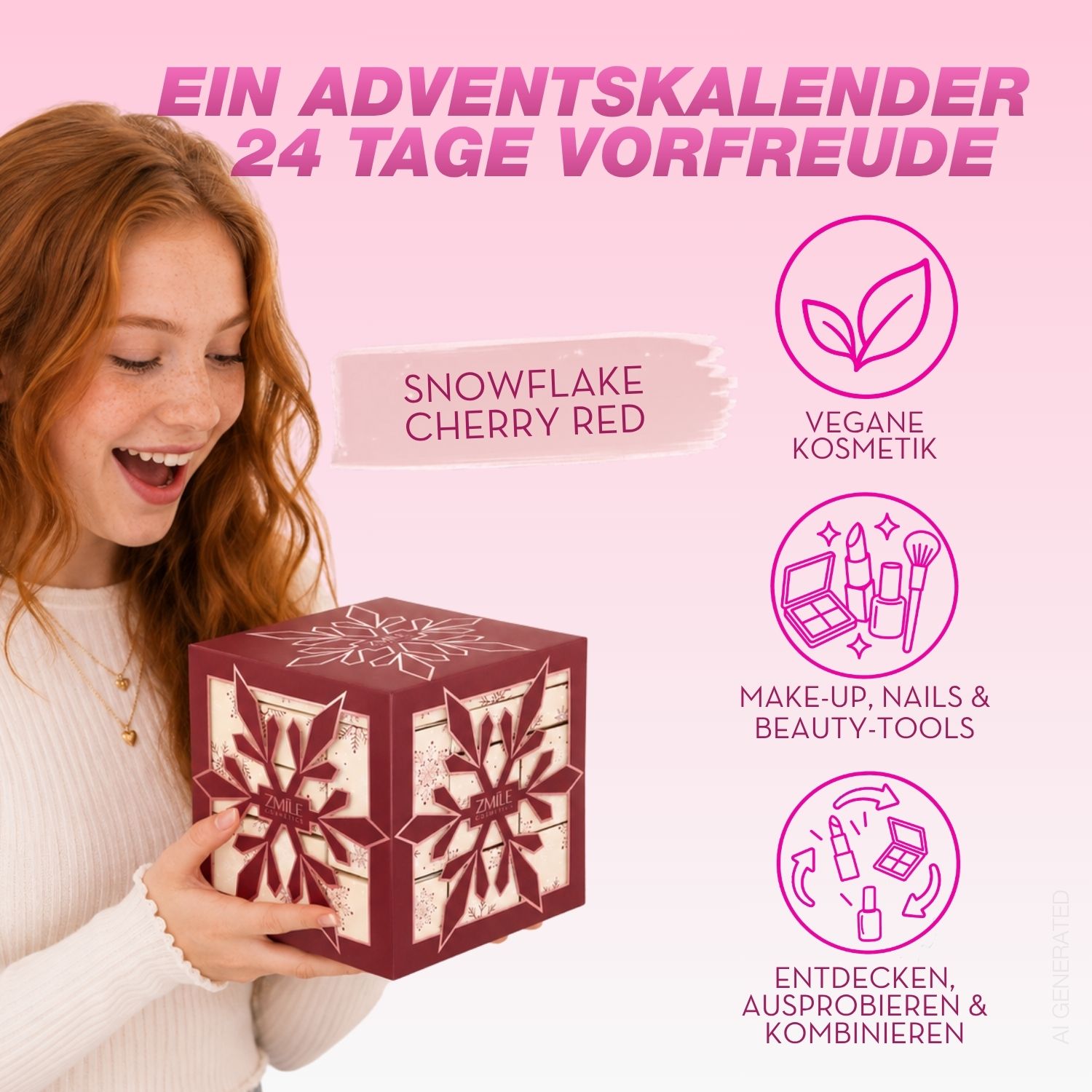 Junge Frau hält Adventskalender in Cube form, Textvermerk, Vegane Kosmetik, Make-up, Nails und Beauty-Tools, Wiederverwendbar. Snowflake cherry red