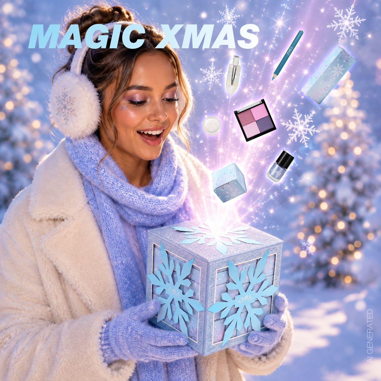 GenZ lachende weibliche Person hält einen Adventskalender im Cube Schneeflocken Design in den Händen. Schminkprodukte schweben über dem Kalender. Weihnachtlicher Hintergrund. KI generiertes Mood Bild.