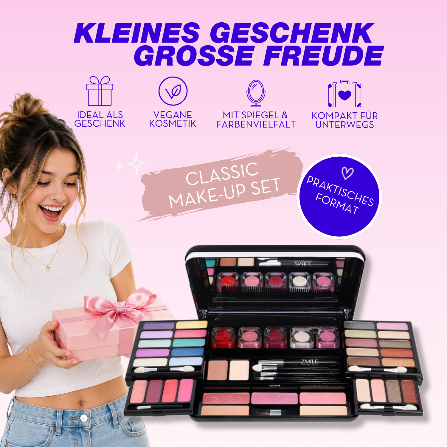 Geöffnetes ZMILE COSMETICS Classic Make-up-Set mit Spiegel und verschiedenen Kosmetikprodukten. Daneben eine Person mit Geschenk. Das Set wird als vegane Kosmetik, Geschenkidee und kompaktes Format für unterwegs präsentiert.