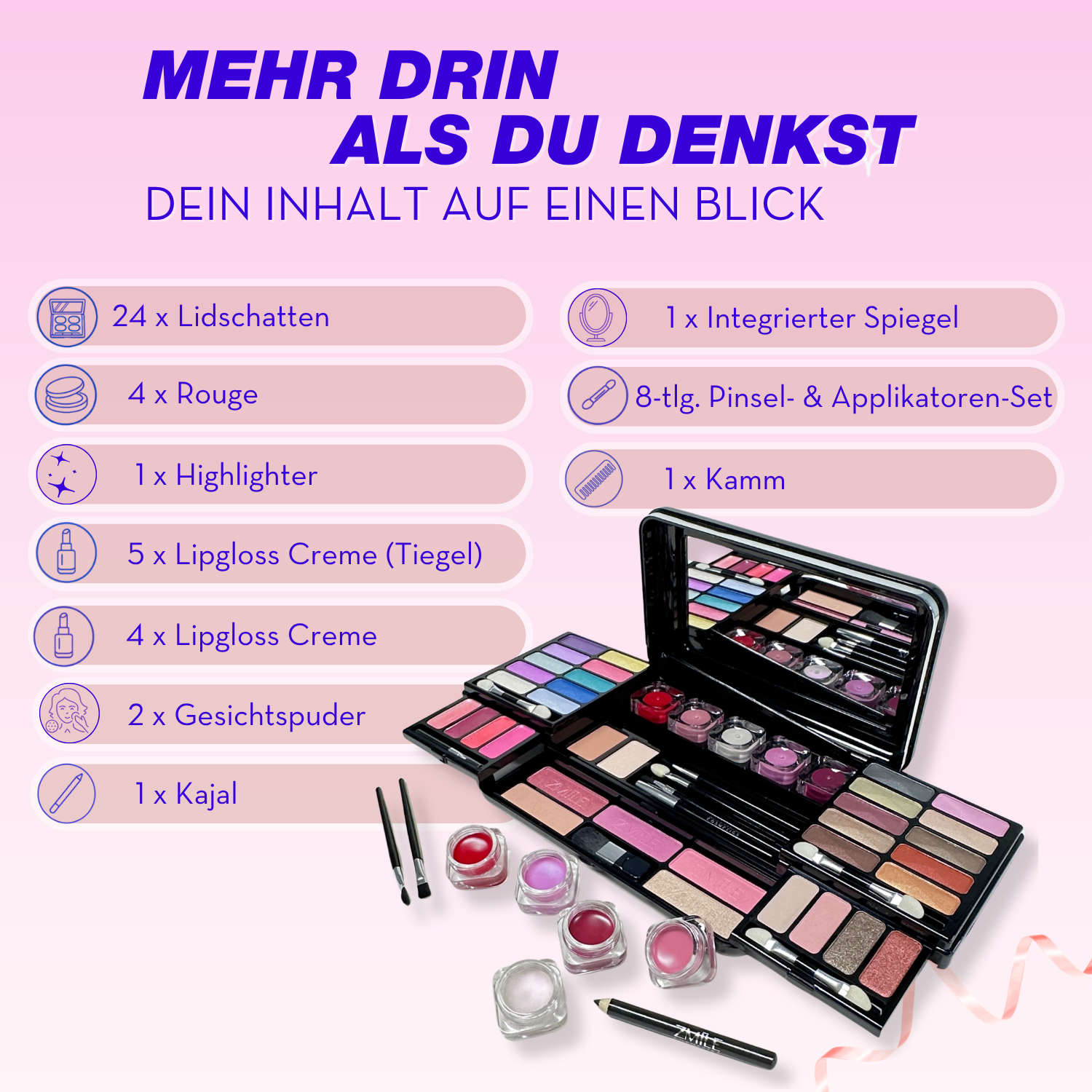 Geöffnetes ZMILE COSMETICS Make-up-Set mit 24 Lidschatten, 4 Rougetönen, 1 Highlighter, 5 Lipgloss-Cremes im Tiegel, 4 weiteren Lipgloss-Cremes, 2 Gesichtspudern, 1 Kajal, integriertem Spiegel, 8-teiligem Pinsel- und Applikatoren-Set sowie 1 Kamm.