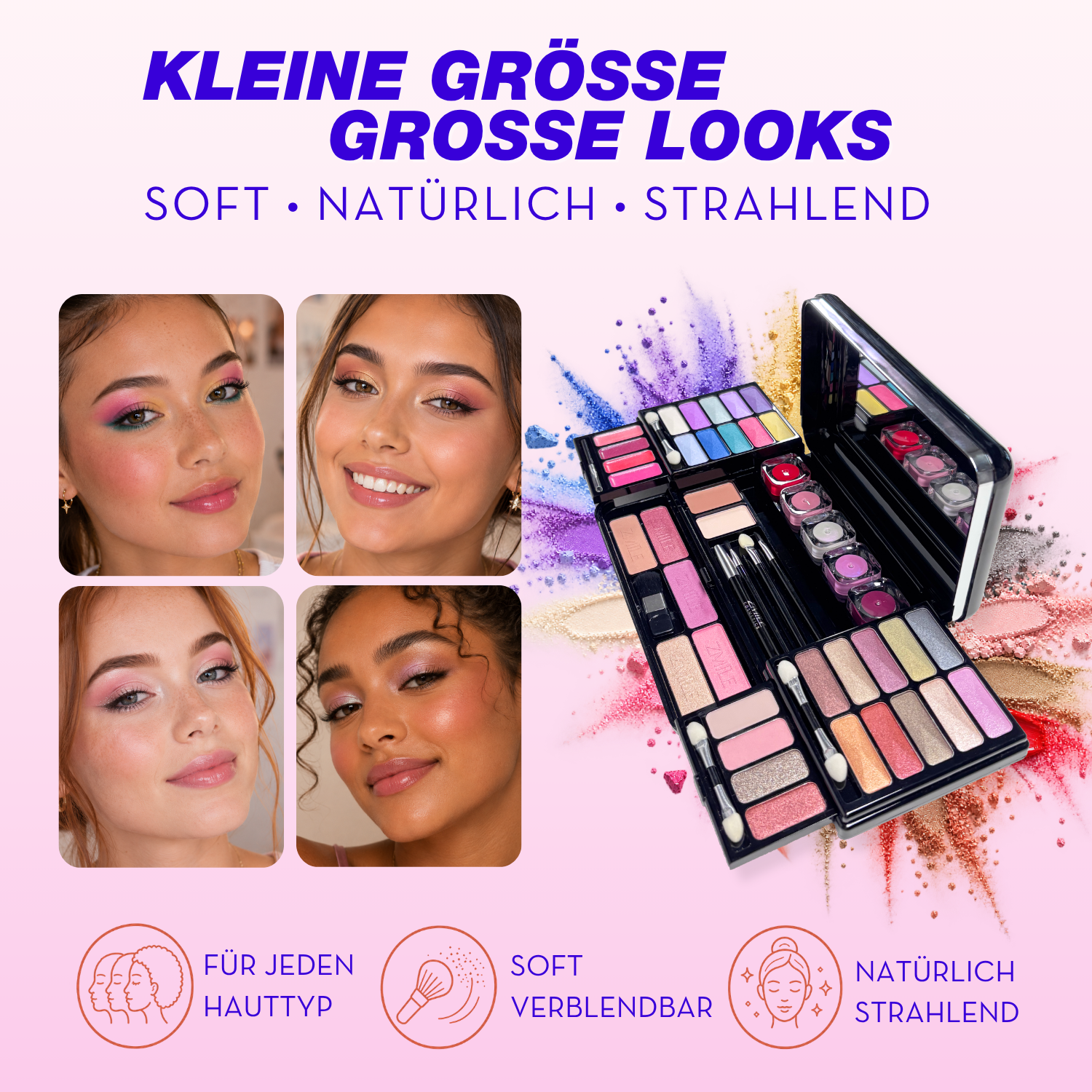 Geöffnetes ZMILE COSMETICS Classic Make-up-Set mit Spiegel und verschiedenen Farbtönen. Vier Porträts zeigen unterschiedliche, natürliche bis farbenfrohe Make-up-Looks. Die Kosmetik wird als für unterschiedliche Hauttypen geeignet, soft verblendbar und natürlich strahlend präsentiert.
