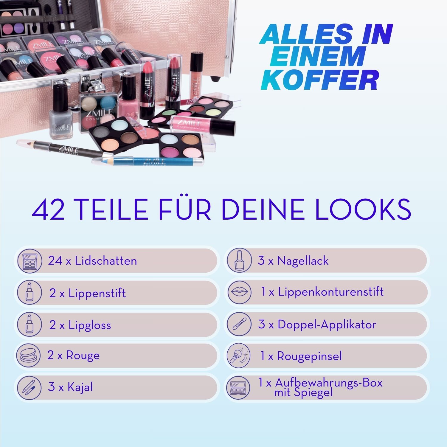 Geöffnetes ZMILE COSMETICS Beauty Case Eye-Catcher mit 42 Teilen: 24 Lidschatten, 2 Lippenstifte, 2 Lipglosse, 2 Rougetöne, 3 Kajalstifte, 3 Nagellacke, 1 Lippenkonturenstift, 3 Doppel-Applikatoren, 1 Rougepinsel sowie 1 Aufbewahrungsbox mit Spiegel.
