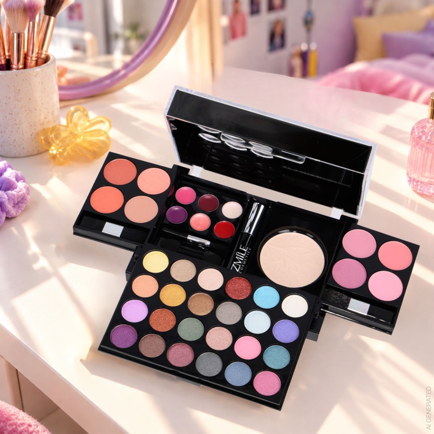 Geöffnetes ZMILE COSMETICS Beauty-Set All You Need To Go auf einem Schminktisch. Zu sehen ist das geöffnete Set mit zahlreichen farbigen Lidschatten, Rouge, Lipgloss, Gesichtspuder und Mascara. KI-generierte Darstellung.