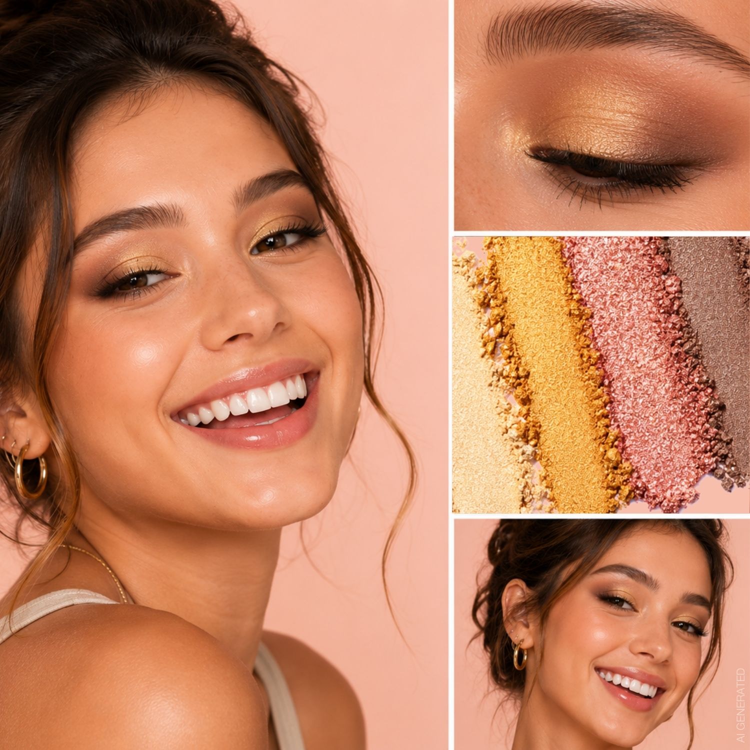 KI-generierte Darstellung eines Make-up-Looks in warmen Braun- und Goldtönen. Nahaufnahmen zeigen den Look am Gesicht und am geschlossenen Auge sowie verschiedene schimmernde Lidschatten in Gold- und Brauntönen.