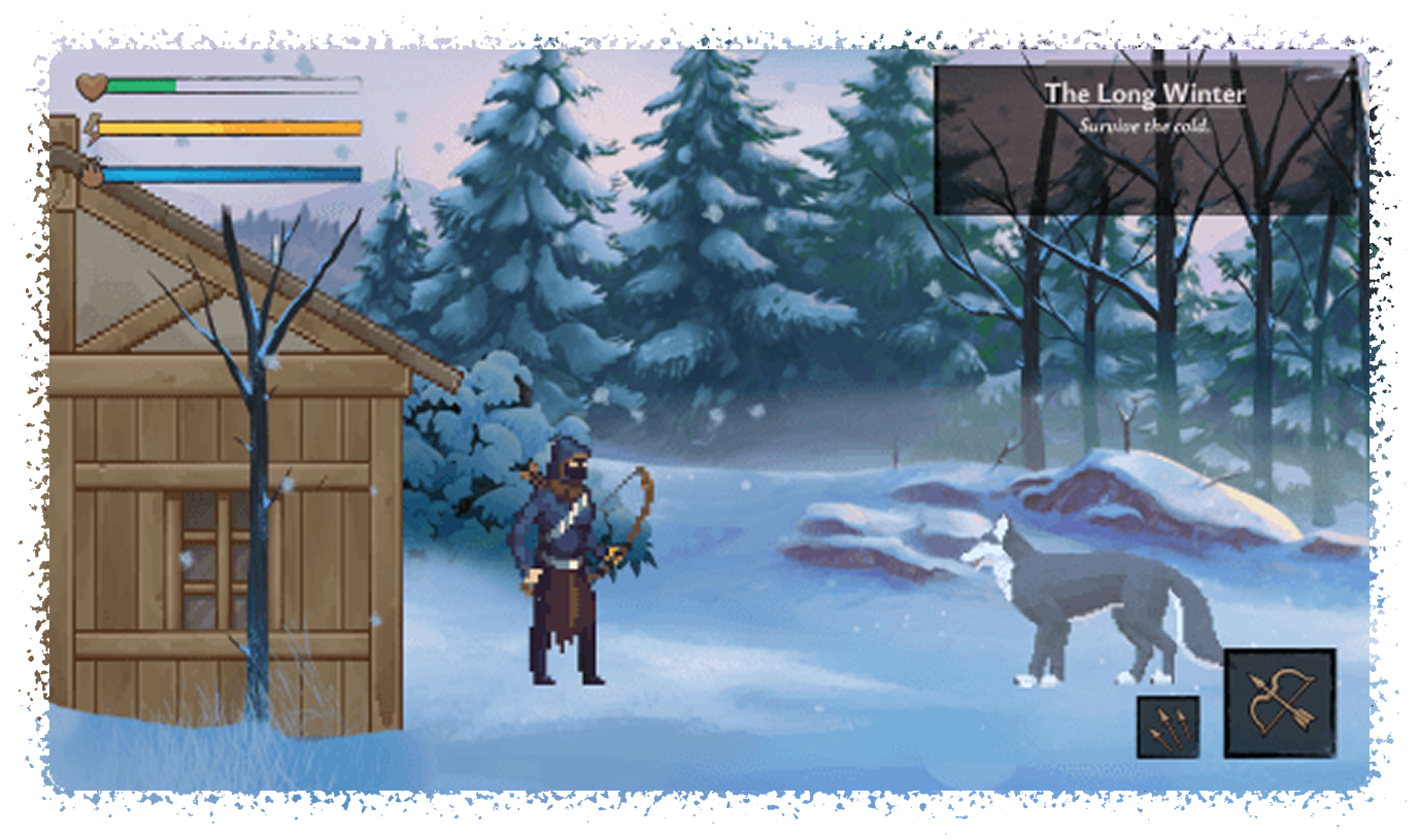 Main gameplay screen for Fimbulvinter, showing a man fighting a wolf with a bow.