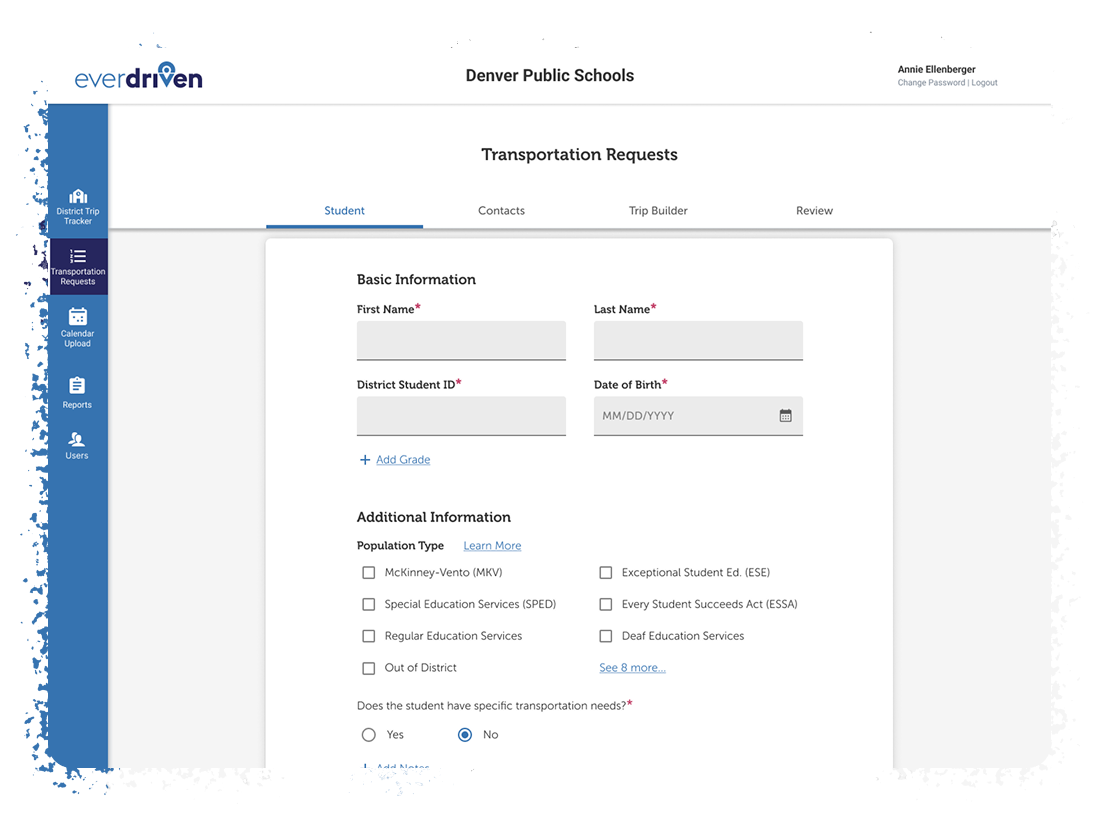 Form Layout for a trip request form.