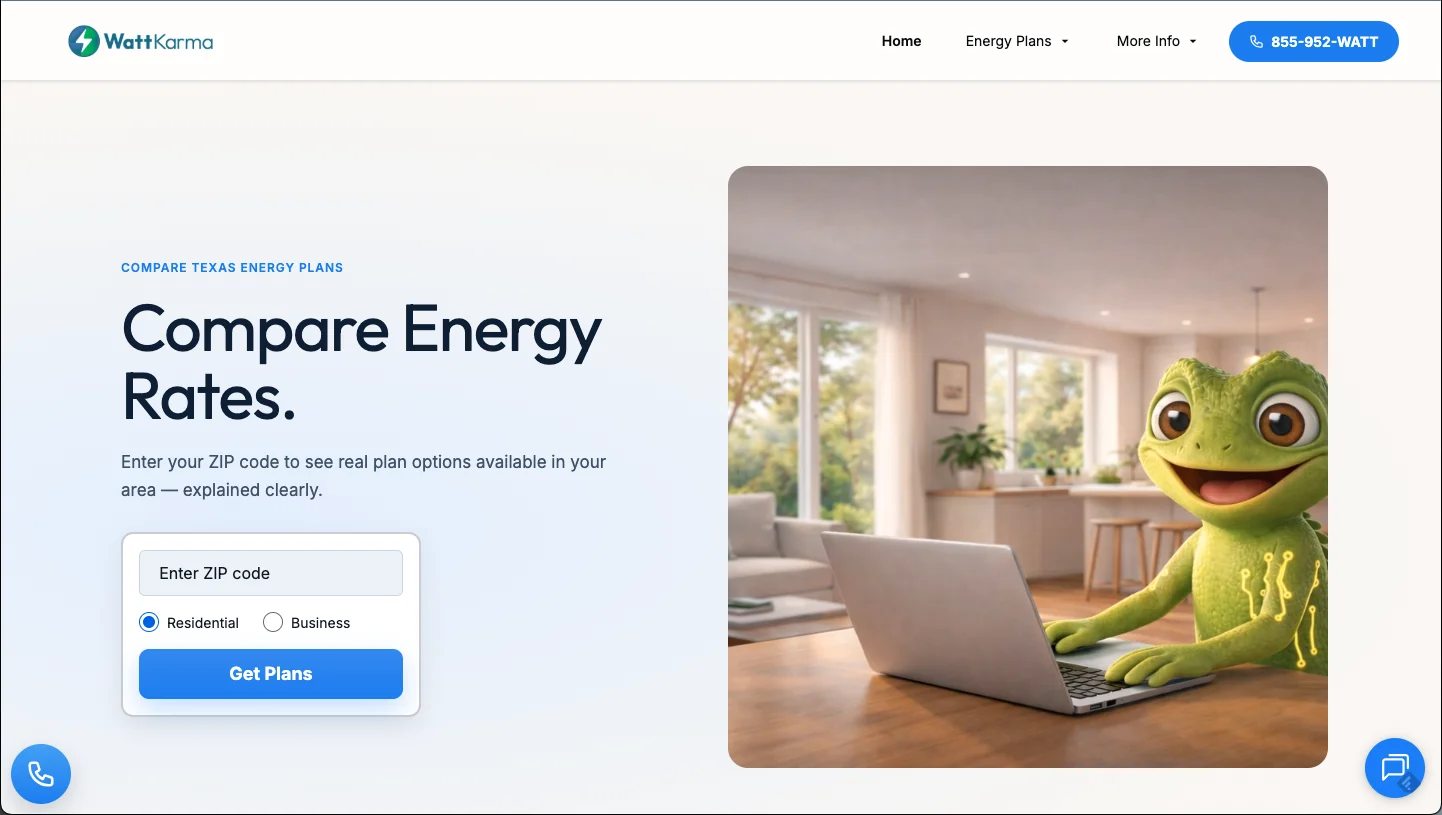 WattKarma homepage hero section with ZIP code search for energy plans