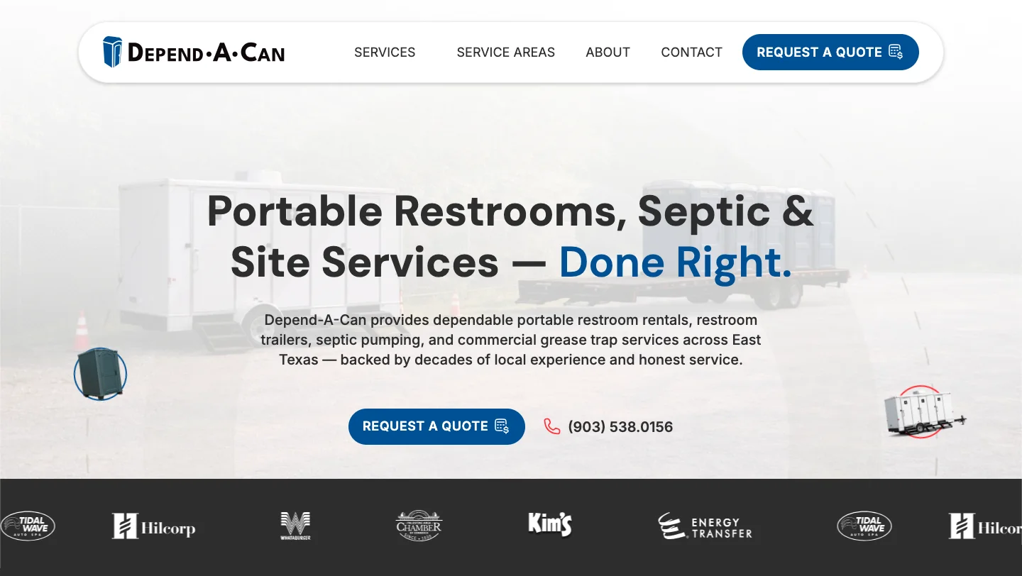 Depend-A-Can homepage hero section with brand messaging and service overview