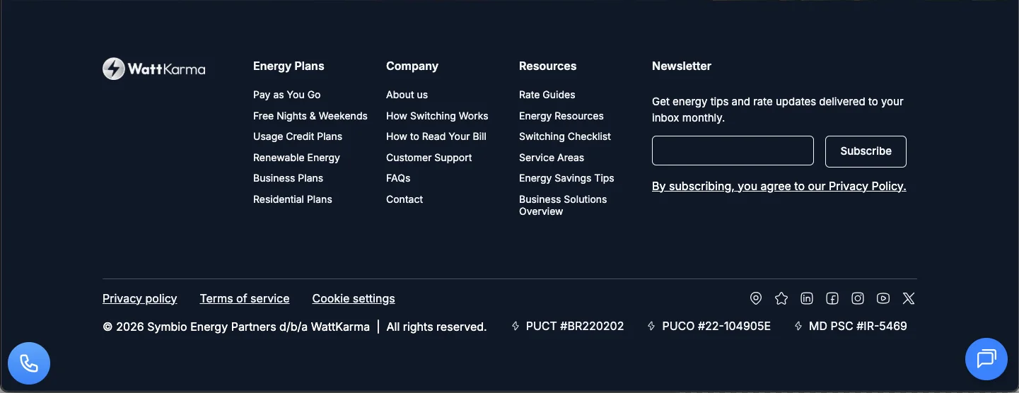 WattKarma homepage footer section with site navigation and contact details